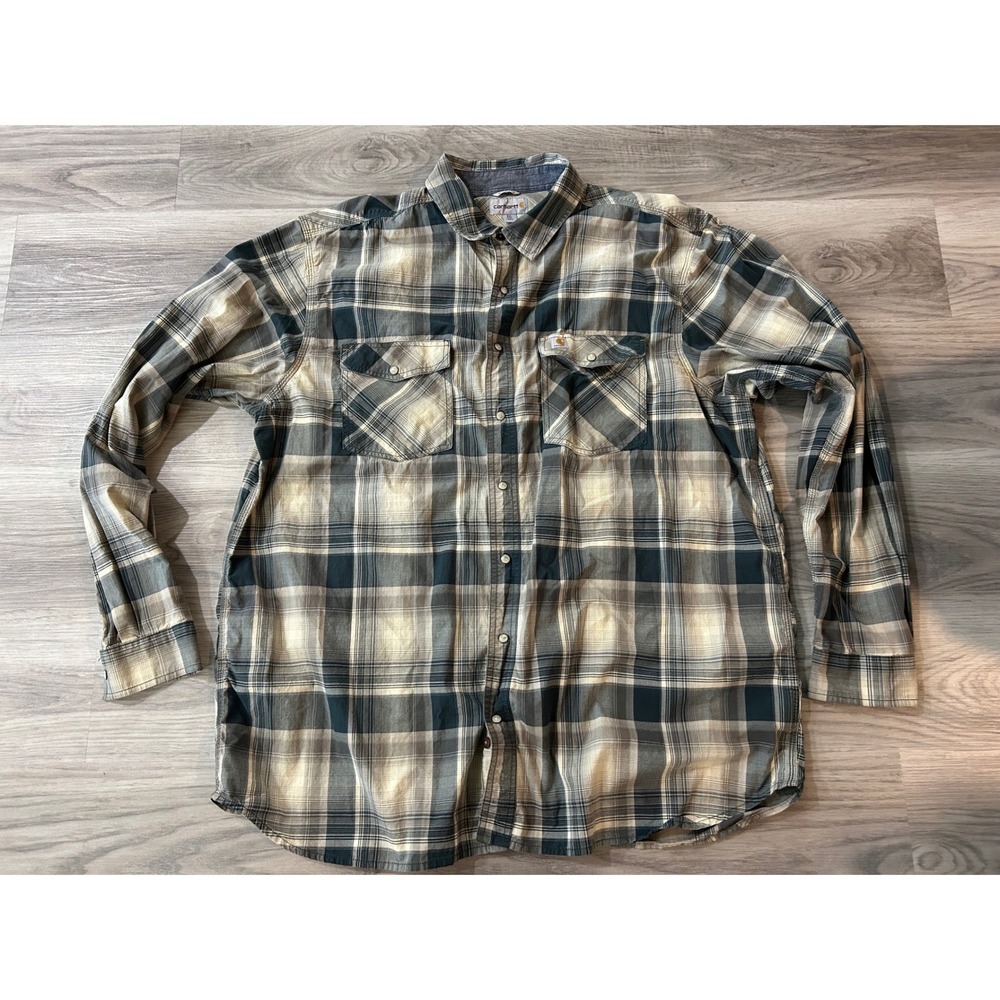 Carhartt Mens Relaxed Fit Plaid Button Down Shirt Cotton Spandex 2XL Tall Grey
